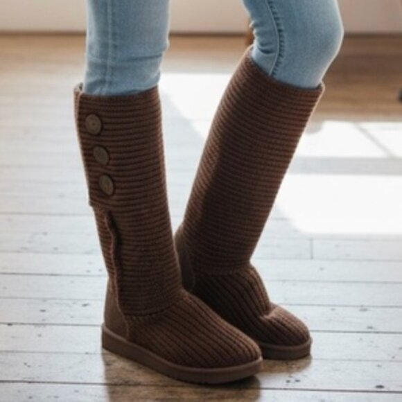 UGG Australia Classic Cardy Chocolate Brown Knit Tall Button Boots Women's 10 - Picture 2 of 14